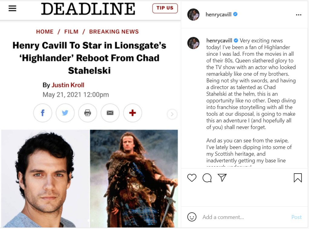 Henry Cavill confirma em seu Instagram que não será mais o